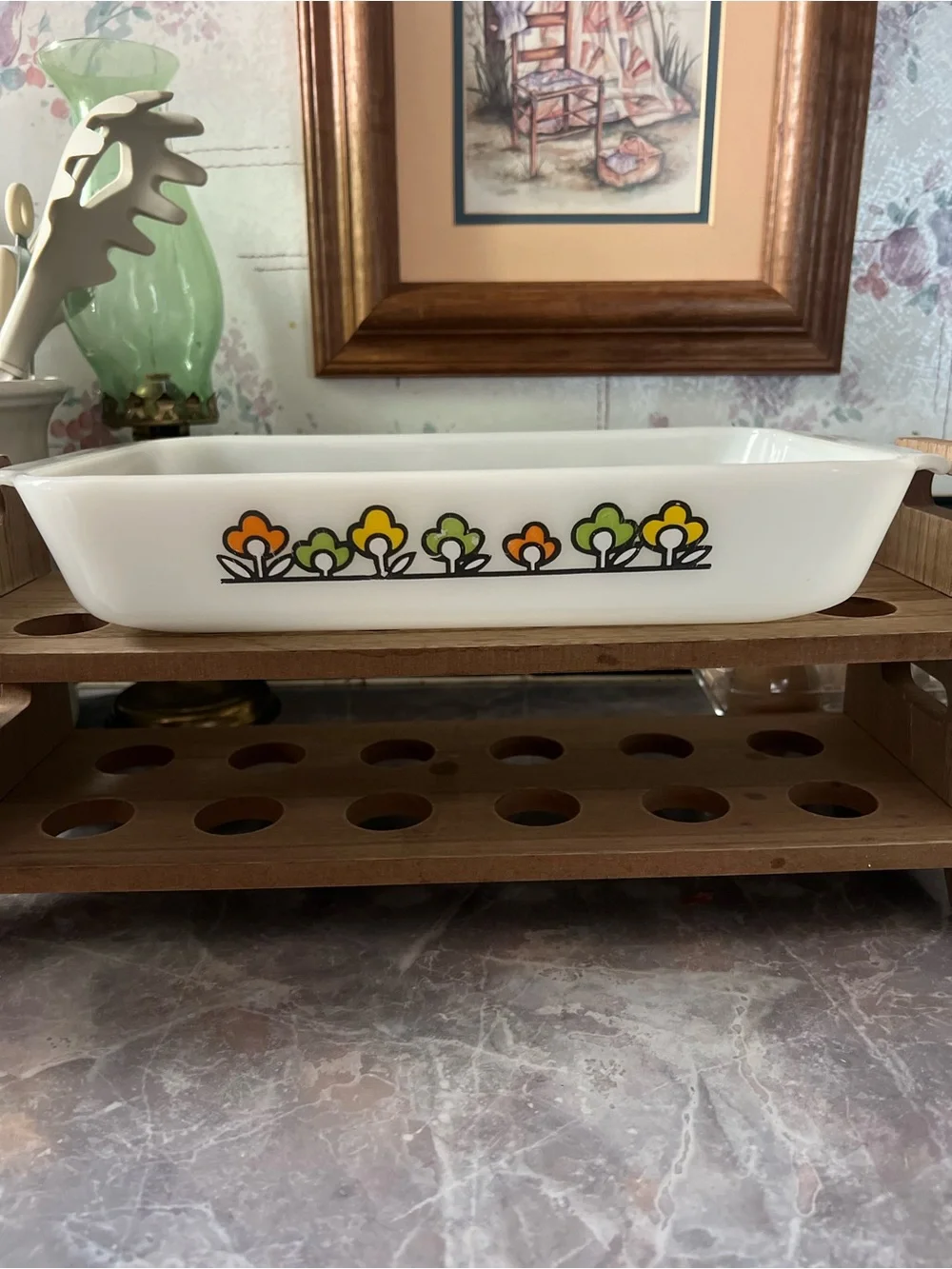 Vintage Anchor HockingFloral Glass Bake Dish - White with Orange & Green Flowers